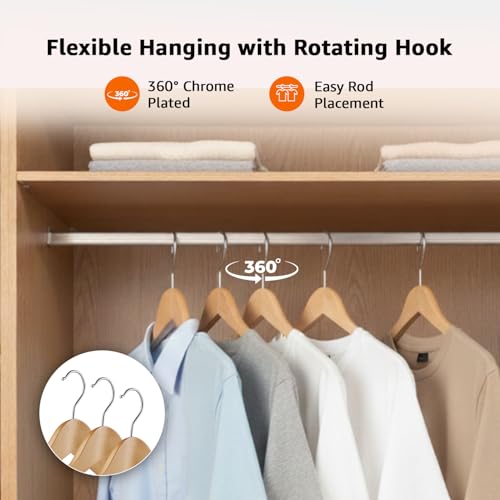 Image of Amazon Basics Wooden Hangers - Broad Shoulder, Natural Wooden Color, Glossy Finish, Pant Bar, 360 Hook, 5kg Capacity, Pack of 6 (Size: 44.5L x 23H x 5.5W cm)