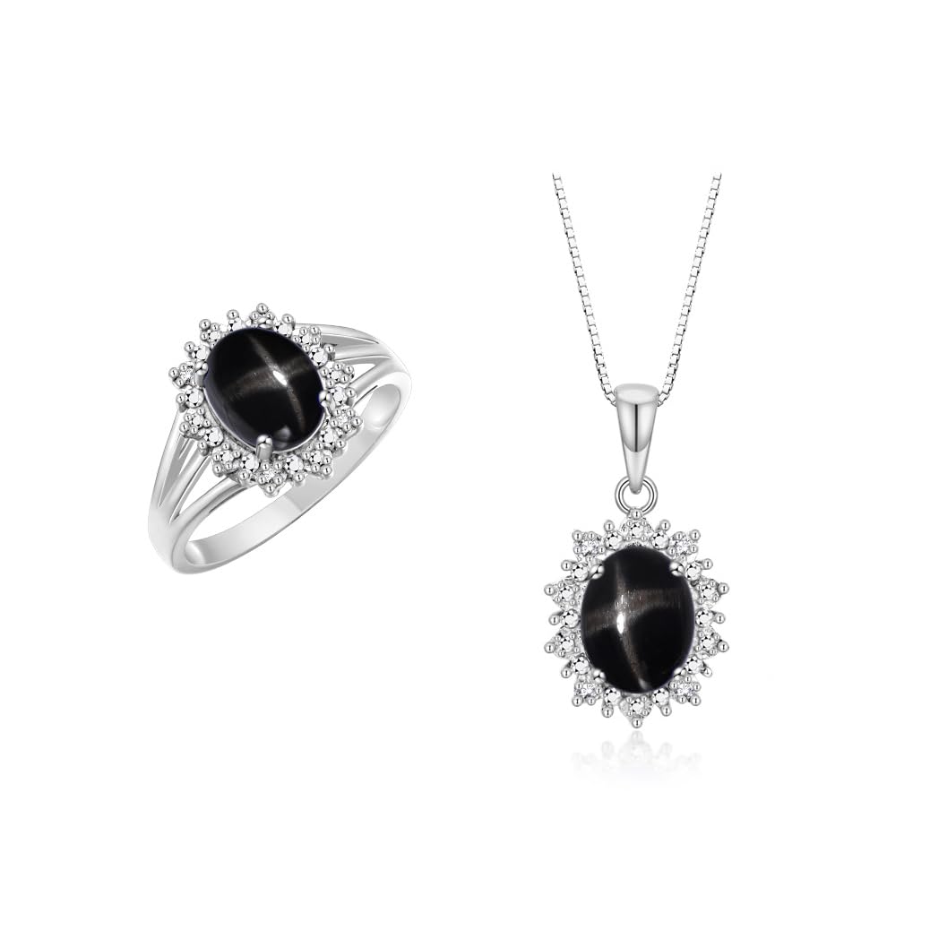 Rylos Women's Sterling Silver Princess Diana Ring &amp; Pendant Set. Gemstone &amp; Diamonds, 9X7MM Birthstone. Matching Friendship Jewelry, Sizes 5-10.