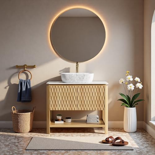 Image of 36 inch Bathroom Vanity with Sink, Freestanding Bathroom Storage Cabinet with Marble-Pattern Ceramic Basin & 2 Bamboo Texture Doors, Floor Stand Vanity Combo with Bottom Open Shelf, Natural