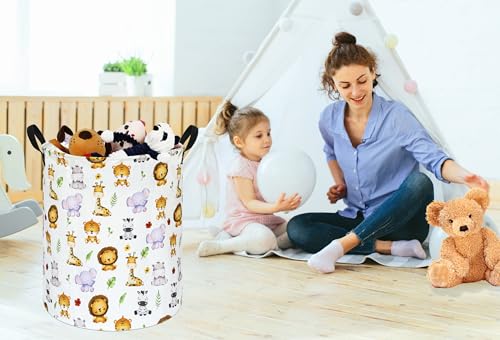 Image of Kids Laundry Hamper Clothes Gift Basket Storage Laundry Baskets Organizer Bin with Handles for Nursery Room (Tiger Animals)
