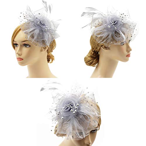 Wheebo Fascinator Hat Flower Feather Mesh Net Veil Party Wedding Headband for Women Girls (A-Gray)
