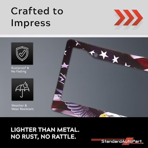 Image of StandardAutoPart American Flag License Plate Frames - Plastic USA Flag Car Tag Holder with Screws Caps and Patriotic Decals - Universal Fit (American Flag Eagle - 2 Pack)
