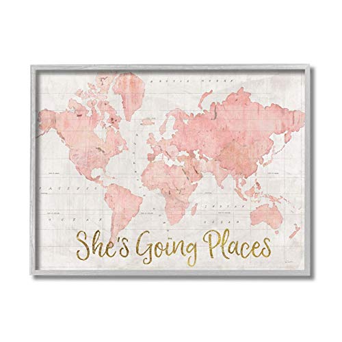 Stupell Industries She's Going Places Quote Pink Watercolor World Map, Grey Framed, 16 x 20 (ab-961_gff_16x20)