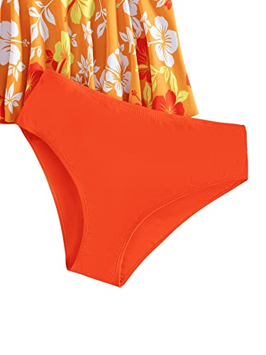 Sweatyrocks Girl's 2 Piece Floral Print Scoop Neck Ruffle Hem Tankini Swimsuit Beachwear Orange 12-13Y #TOP2