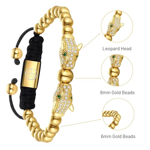 Gold Bracelets for Men 18K Gold Plated Stainless Steel Leopard Head Tiger Eye Stone Black Onyx Beads Handcrafted Adjustable Mens Bracelet Birthday Gift4