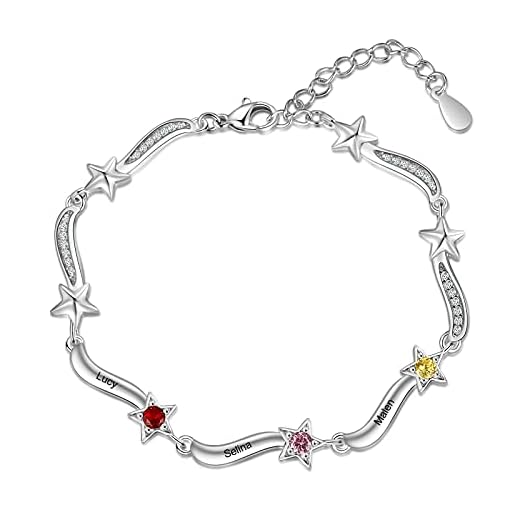 Rolaonly Mujer Pulsera Personalizada de Estrellas con 3 Nombres Piedra del zodíaco Plata de Ley 925 Cadena Ajustables Plata Joyas Regalo de mujer Mamá Esposa para Día de Navidad
