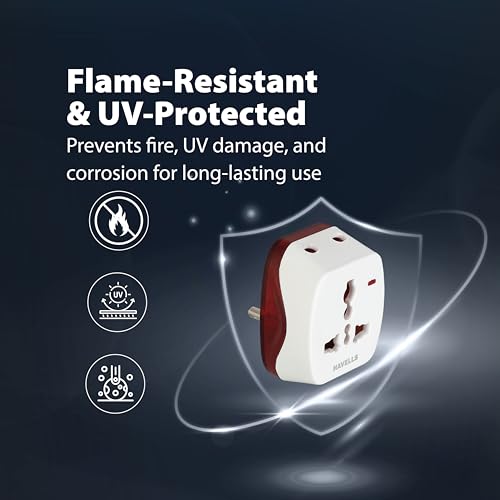 Image of Havells Heavy Duty Nickel Plated Brass Rated with 6A, 240 V AC 2 Pin Universal Adaptor LED Indicator, Flame Retardant and UV Stabilized for Safety Assurance from Catching Fire