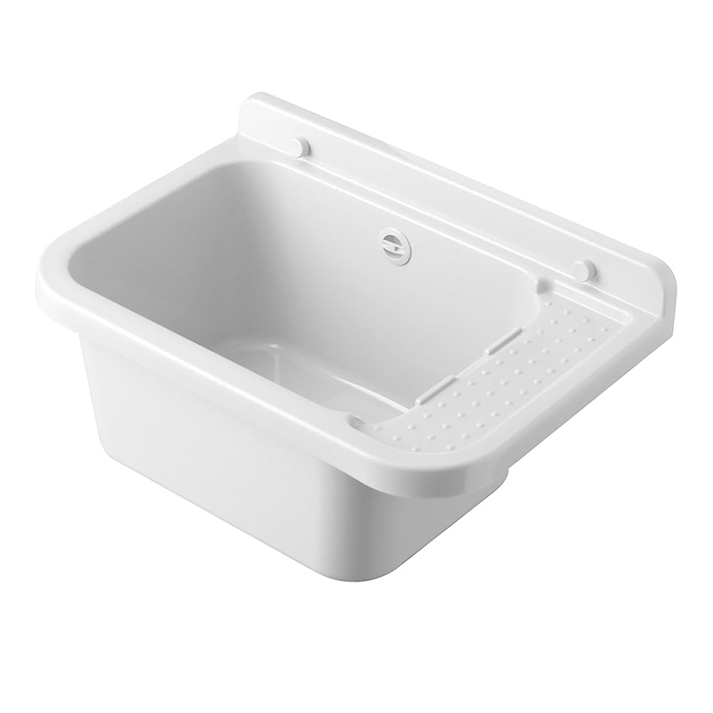 Set Pilozzo Sospeso 50x34 Cm Bianco - Vasca Lavatoio In Resina Resistente Agli Acidi Con Porta Sapone - INCLUDE Miscelatore Canna Alta Cromo In Acciaio INOX E Kit Scarico