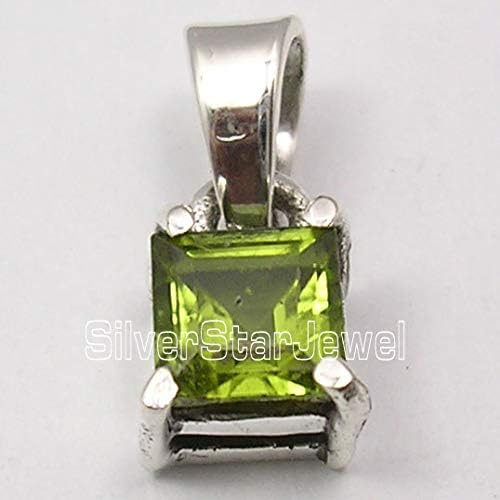 Square Peridot Necklace Pendant 0.6" 925 Pure Silver Wedding Gemstone