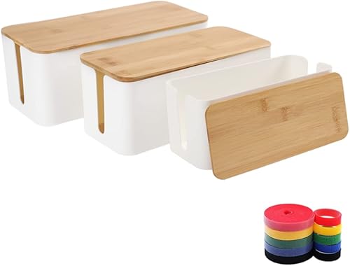 Organizador de caja de gestión de cables, juego de 3 tapas de bambú para cables de almacenamiento para cubrir ocultar sobretensiones, tiras de