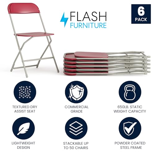 Image of Flash Furniture Hercules Series Plastic Folding Chair - Red - 6 Pack 650LB Weight Capacity Comfortable Event Chair-Lightweight Folding Chair