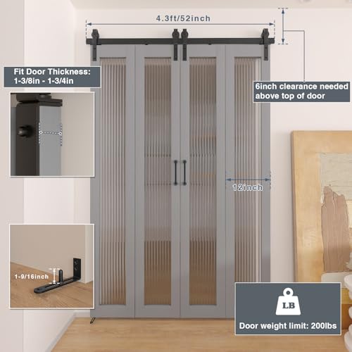 52" Bi-Folding Sliding Barn Door Hardware Kit - Heavy Duty Side Mounted Roller, Perfect for Home Use, Space-Saving Foldi