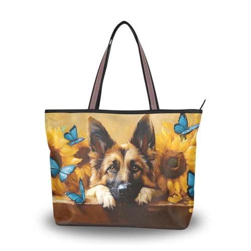 Bolso tote lindo para mujeres con diseño de perro pastor alemán, bolso de mano duradero con cremallera para uso diario miniatura 1