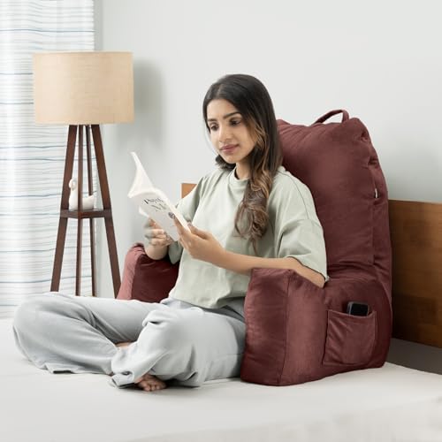 Image of Wakefit Backrest Reading Pillow for Bed | Reading Pillow with Support Arms | Comfortable Back Support for Reading /Working /Watching TV | Machine Washable Cover | Choco Brown
