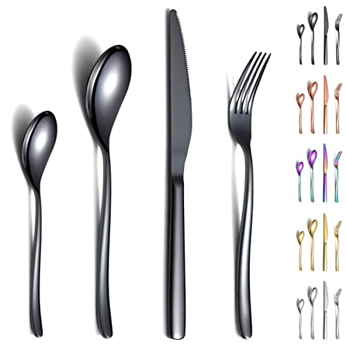 Berglander Ensemble de Couverts Noirs 24 pièces, fourchettes et cuillères en Acier Inoxydable Robuste plaqué Titane Noir Ensemble d'ustensiles résistant à la Rouille, Lavable au Lave-Vaisselle