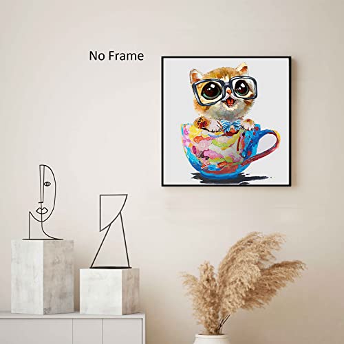 Watercolor Cat Canvas Art Cat In A Cup Canvas Painting Cat Picture Prints Cat Art Prints Cute Animal Poster Cat With Glasses Wall Art Abstract Cat Picture Cat Artwork Cute Cat Paintings 16X16Inch Unframed #TOP3