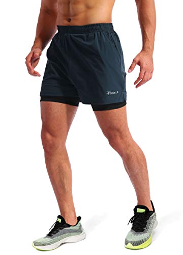 Pudolla Men’s 2 In 1 Running Shorts 5" Quick Dry Gym Athletic Workout Shorts For Men With Phone Pockets(Navy Blue Medium) #TOP2