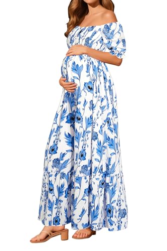 Maternity Easter Dress Photoshoot Summer Pregnancy Baby Shower Floral Blue Off Shoulder Maxi Casual Puff Sleeve Dresses