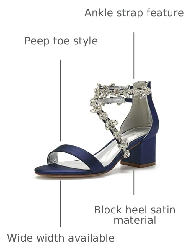 Image of Anna's Bridal Women's Low Block Heel Sandals Chunky Ankle Strap Crystal Wedding Dress Shoes Low Heel Comfortable Pump Sandals