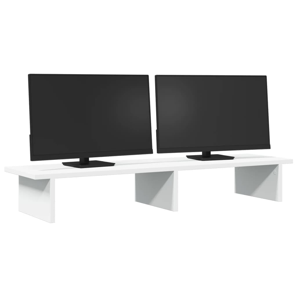 Supporto per monitor in legno bianco, 100 x 27 x 15 cm, per due monitor e laptop, con ripiano per ufficio, casa, gioco, postazione di lavoro, portata 20 kg