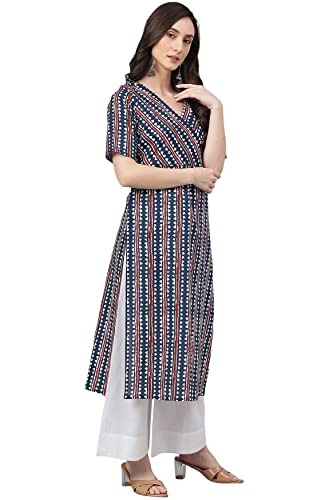 Janasya-Womens-Navy-Blue-Cotton-Geometric-Straight-Kurta