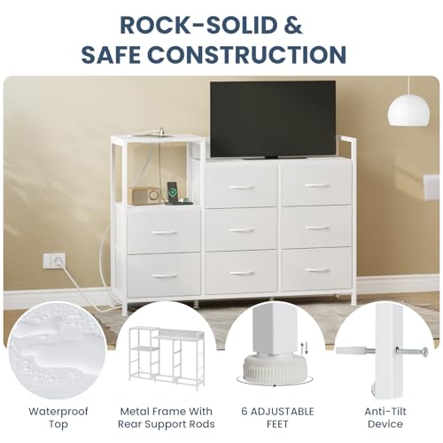 Image of DUMOS TV Stand Dresser with 8 Fabric Drawers & 1 Open Shelf, TV Stand with Wooden Top, Entertainment Center with Charging Station for Living Room, Hallway, White