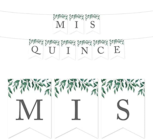 Andaz Press Natural Greenery Green Leaves Birthday Party Banner Decorations, Mis Quince, Approx 5-Feet, 1-Set, Quinceanera 15th Birthday Colored Hanging Pennant Decor