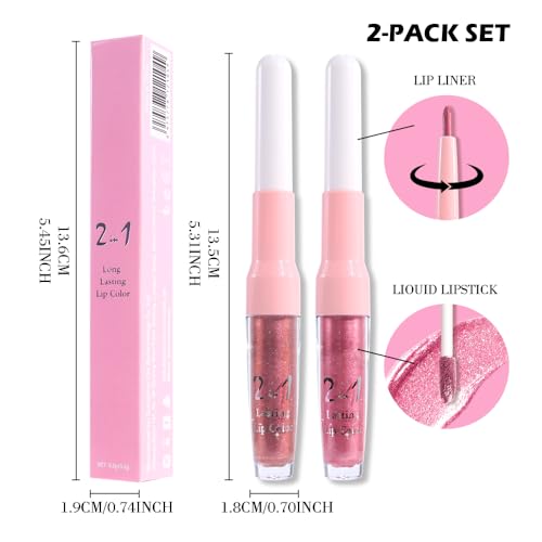 Image of evpct 2Pcs Pink Red Hot Pink Metallic Glitter Lip Liner and Lipstick Combo, Shimmery Lip Gloss Stain Set Makeup for Women Long Lasting Waterproof 24, Metallic Shimmer Iridescent Glossy Liquid Lipstick