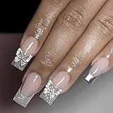 RUOKEXIN Long Press on Nails Silver French Tip Fake Nails Square False Nails with 3D Butterfly Designs Silver Glitter Glue on Nails Glossy Artificial Nails Cute Stick on Nails for Women 24Pcs