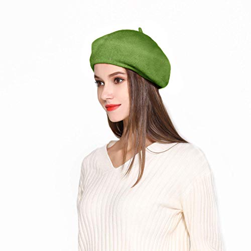 Jeicy Wool Beret Hat Solid Color French Beret with Skily Scarf and Brooch, Lemon Green
