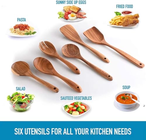 Image of Natural Wooden Spoon & Spatula Set for Cooking, Frying, Serving, Mixing, Turner, Ladle | 6 Pieces | Non Sticky | Heat-Resistant | Ecofriendly | No Polish, Chemical & BPA Free