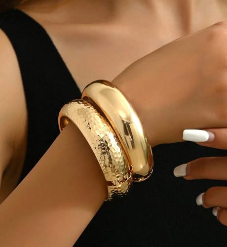 Image of Chunky Gold Bangle Bracelets for Women, Dainty 14k Gold Plated Big Stackable Bangles Set, Trendy Statement Cuff Bracelet Stack Fashion Jewelry Gifts