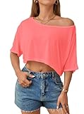 JDEEO Women’s Off Shoulder Sheer Mesh Crop Top – Short Sleeve See Through T-Shirt for Summer Beach Pink Large