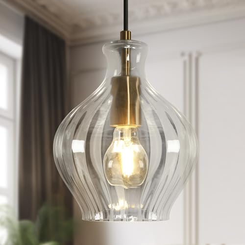 KSANA Pendant Lights Kitchen Island, 1-Light Electroplated Gold Teardrop Pendant Light with Textured Glass Shade Modern Adjustable Hanging Light Fixtures for Dining Room Hallway Bedroom by KSANA - Used condition - US$76.21