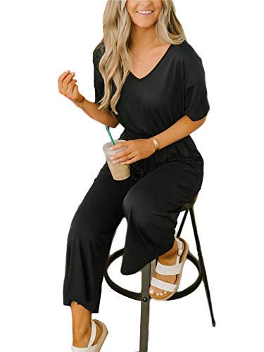 Anrabess Women Short Sleeve Summer Casual V Neck Elastic Waist Wide Leg Cropped Pant Jumpsuits Rompers With Pockets 215-Hei-L #TOP4