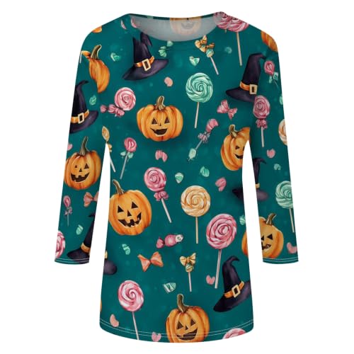 Image of Women Spooky Halloween Graphic Shirt 3 /4 Length Sleeve Crewneck Top | Halloween Funny Printed Pumpkin Plus Size Tshirts 2026 Fall Outfits Skeleton Tee Going Out Tops