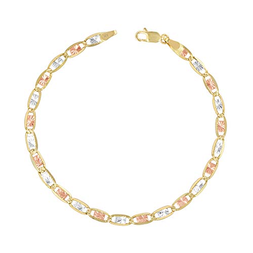 Nuragold 10K Three Tone Yellow Rose White Gold 4Mm Valentin Mariner Link Anchor Chain Bracelet, Womens Mens 7" 7.5" 8" 8.5" 9" - Real Solid Gold Jewelry #TOP16