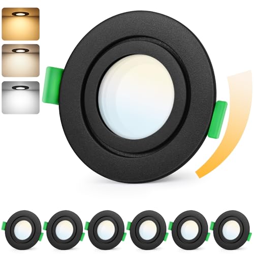 GeyouLux LED Einbaustrahler 230V Dimmbar, 5W IP65 Deckenspots, Einbauleuchten 65-75mm EinbauØ, 2700K/4000K/6000K Ultra Flach Einbauspots, 3CCT Spots für Badezimmer 6er Set Schwarz