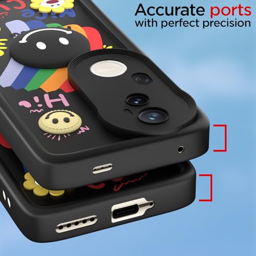 Image of Pikkme Back Cover for Vivo T4 Ultra 5G | Soft Silicone| Cute Rainbow Smile & 3D Cartoon Flower Design | Shockproof Raised Camera Protection Bumper Case (Black)