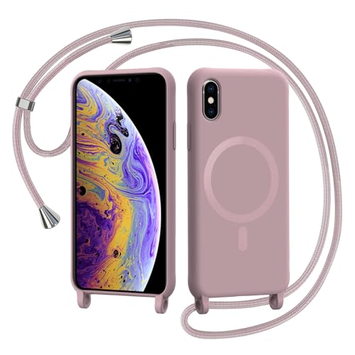 AOMYKE Handyband für iPhone X/iPhone XS Hülle mit Band Magnetisch Handyhülle kompatibel mit Magsafe zum Umhängen Schutzhülle mit Kette Kordel Weich TPU Liquid Silikon CasePink