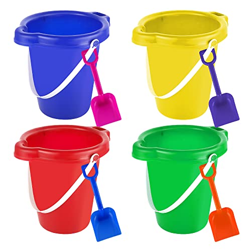 BeneFine Large Sand Bucket Pail with Shovel, 7'' Size, 4 Pack, Plastic