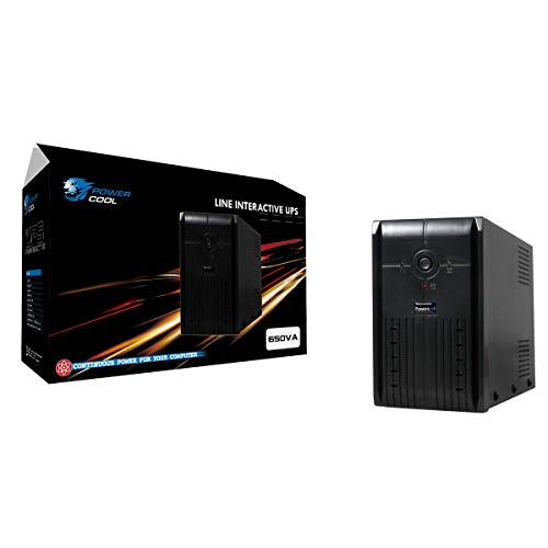Powercool 650VA Smart UPS Battery Backup – 390W Line-Interactive Uninterruptible Power Supply with AVR, RJ45 Surge Protector, USB Monitoring, 2× UK Outlets, Generator Compatible | 12V 7Ah Battery