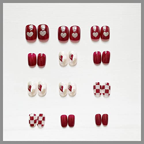 Wedity 24Pcs claret Short Chessboard Love False Nail Pearl Leaf Acrylic False Nails Press on Nails for Women Girls (D) - Image 3