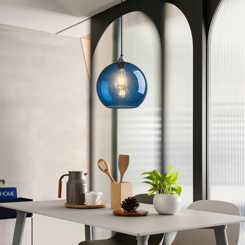 Image of Blue Glass Pendant Lights Kitchen Island Lighting Globe Pendant Light Fixtures Modern Pendant Lighting for Kitchen Island Bedroom Living Dining Room Light Fixture(9.84in, 3-Pack)