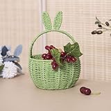 Handmade Easter Basket with Handle, Bunny Rattan Woven Basket, Rabbit Ear Straw Wicker Easter Egg Candy Basket for Easter Egg Hunting, Picnics, And Storage, Easter Gift (Green)