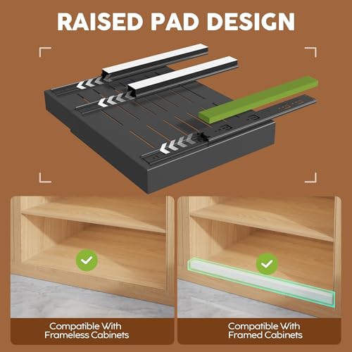 4 Pack Expandable Width (15.15"-26.3") Pull Out Cabinet Organizer 21" Deep with Raising Pad for Framed Cabinets, Upgrade 3 Slide Rails Slide Out Drawers, Roll Out Shelves Adhesive, Black
