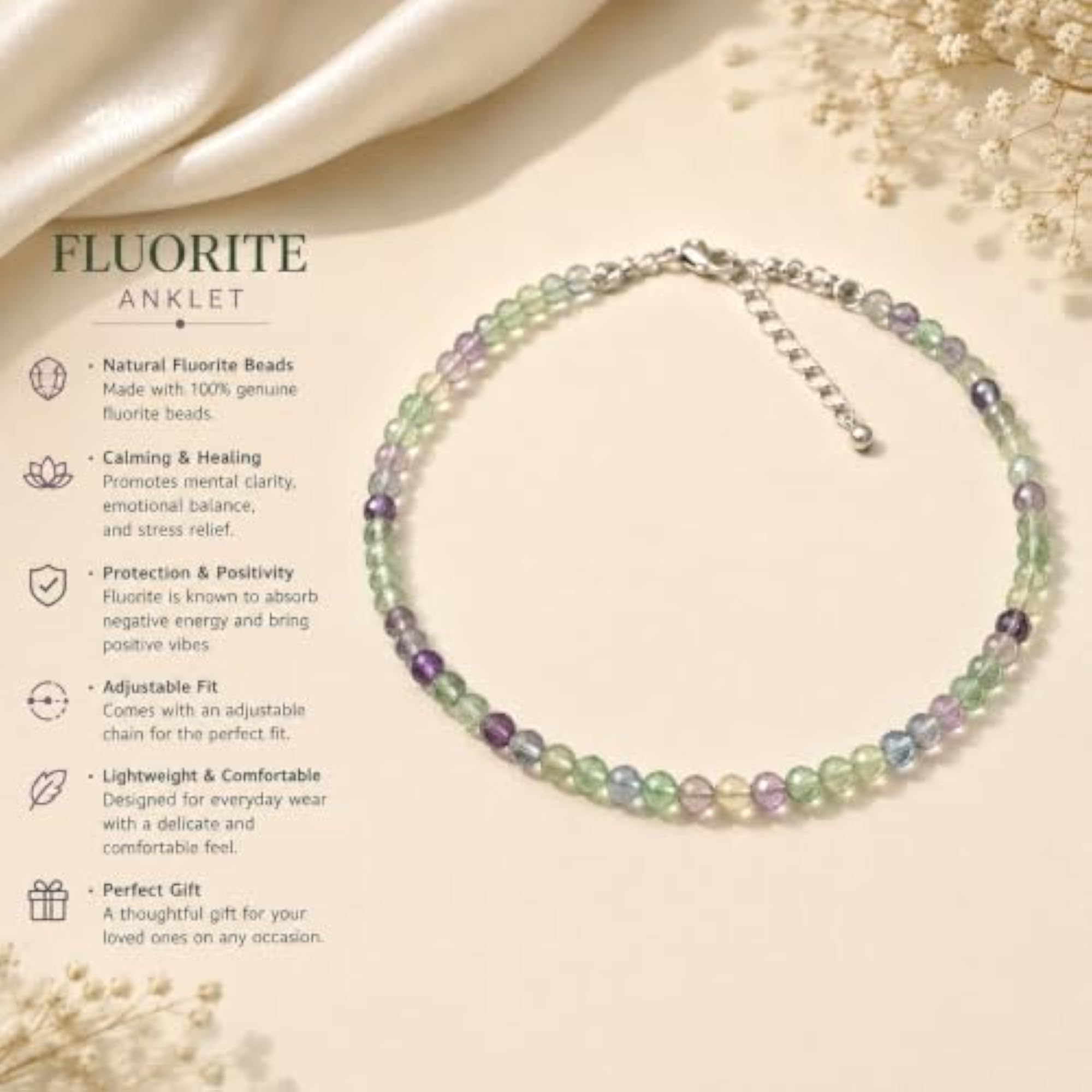 Women's Natural Fluorite Beaded Anklet, Adjustable Chain