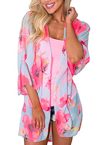 Image of Chunoy Women Summer Plus Size Chiffon Floral Kimono Cardigan Loose Light Weight Beach Swim Wear Cover Up Red XX-Large