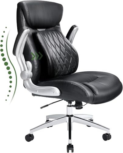 Marsail Comfortable-Office Chair with Dynamic-Lumbar Support: High Back PU Leather Executive Office Chair with Flip-up Arms Tilt Function, Ergonomic Executive Desk Chair for Home Office Work, Black