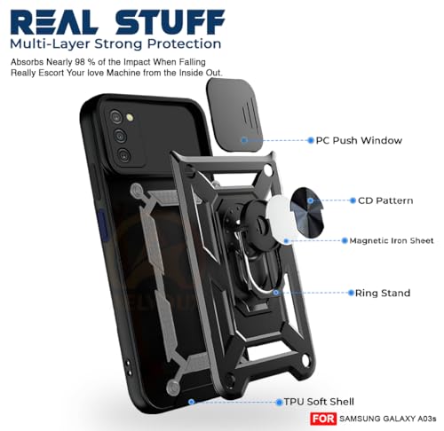 Image of Armor Bumper Back Cover Case for Samsung Galaxy A03s Rotating Camera Cover, Ring Holder & Kickstand | Heavy Duty & 360 Degree Protection Samsung Galaxy A03s Back Cover (Black)